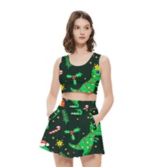 Christmas Funny Pattern Dinosaurs Women s Crop Top Pleated Skater Rave Skirt by Ket1n9