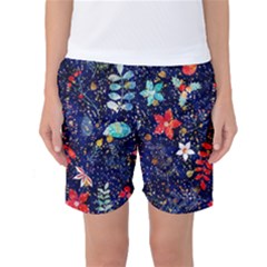 Festive Floral Pattern Christmas Blue Floral Flower Foliage Leaves Pattern Red Snow Winter Women s Basketball Shorts by Maspions