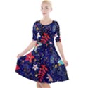 Festive Floral Pattern Christmas Blue Floral Flower Foliage Leaves Pattern Red Snow Winter Quarter Sleeve A-Line Dress View1