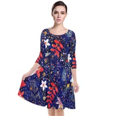 Festive Floral Pattern Christmas Blue Floral Flower Foliage Leaves Pattern Red Snow Winter Quarter Sleeve Waist Band Dress by Maspions