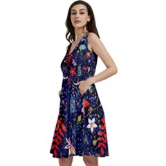 Festive Floral Pattern Christmas Blue Floral Flower Foliage Leaves Pattern Red Snow Winter Sleeveless V-neck Skater Dress With Pockets by Maspions