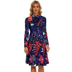 Festive Floral Pattern Christmas Blue Floral Flower Foliage Leaves Pattern Red Snow Winter Long Sleeve Shirt Collar A-line Dress by Maspions