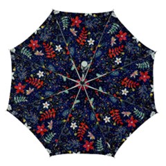 Festive Floral Pattern Christmas Blue Floral Flower Foliage Leaves Pattern Red Snow Winter Automatic Folding Umbrella With Case (medium) by Maspions