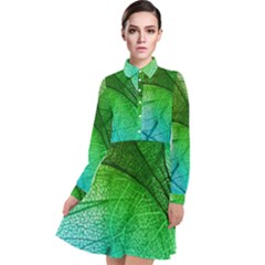 3d Leaves Texture Sheet Blue Green Long Sleeve Chiffon Shirt Dress by Cemarart