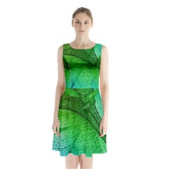 3d Leaves Texture Sheet Blue Green Sleeveless Waist Tie Chiffon Dress by Cemarart