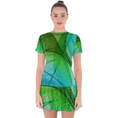 3d Leaves Texture Sheet Blue Green Drop Hem Mini Chiffon Dress by Cemarart