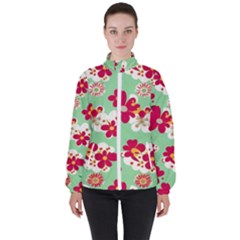 Retro 1960s Flowers Pattern Women s High Neck Windbreaker by violetheavensky