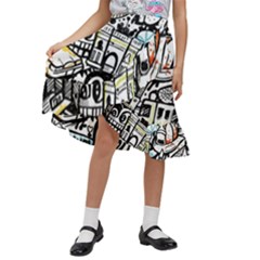 New York City Nyc Broadway Doodle Art Kids  Ruffle Flared Wrap Midi Skirt by Grandong