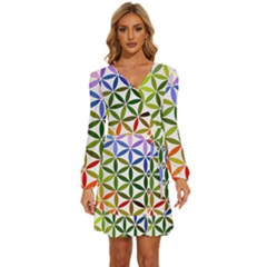 Mandala Rainbow Colorful Long Sleeve Waist Tie Ruffle Velvet Dress by Grandong