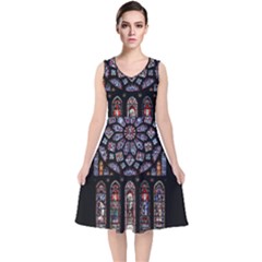 Chartres Cathedral Notre Dame De Paris Stained Glass V-neck Midi Sleeveless Dress  by Grandong