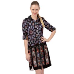 Chartres Cathedral Notre Dame De Paris Stained Glass Long Sleeve Mini Shirt Dress by Grandong