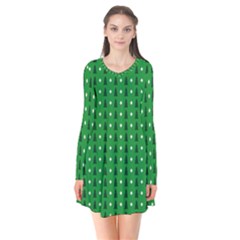 Green Christmas Tree Pattern Background Long Sleeve V-neck Flare Dress by Paksenen