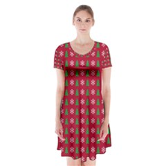 Snowflake Christmas Tree Pattern Short Sleeve V-neck Flare Dress by Paksenen