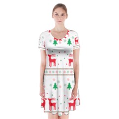 Red Green And Blue Christmas Themed Illustration Short Sleeve V-neck Flare Dress by Paksenen