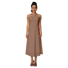 Mocha Mousse Hex Code #a47864 Sleeveless Cross Front Cocktail Midi Chiffon Dress by dressshop