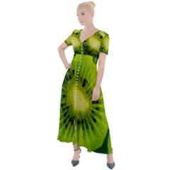 Kiwi Fruits, Close-up, Exotic Fruit Button Up Short Sleeve Maxi Dress by kyorashop23