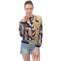 Thinker Sculpture Design Geometric Banded Bottom Chiffon Top by Salmanaz77