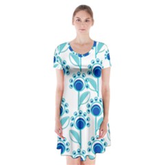 Blue Daisy Minimalist Leaves   Short Sleeve V-neck Flare Dress by ConteMonfrey