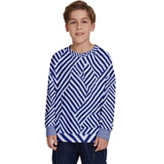 Blue And White Abstract Stripes Kids  Crewneck Sweatshirt by SpinnyChairDesigns