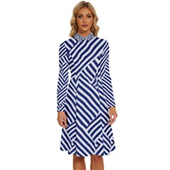 Blue And White Abstract Stripes Long Sleeve Shirt Collar A-line Dress by SpinnyChairDesigns