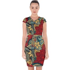 Pattern Shape Colorful Flower Leaves Capsleeve Drawstring Dress  by Posterlux