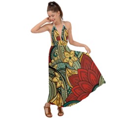 Pattern Shape Colorful Flower Leaves Backless Maxi Beach Dress by Posterlux