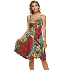 Pattern Shape Colorful Flower Leaves Sleeveless Tie Front Chiffon Dress by Posterlux