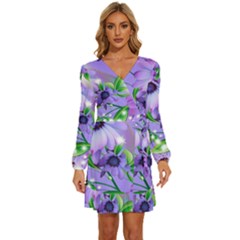 Purple Flower Nature Long Sleeve Waist Tie Ruffle Velvet Dress by Posterlux