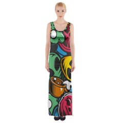 Funky Alien Pattern Abstract Colourful Drawing Thigh Split Maxi Dress by Posterlux