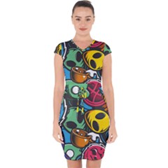 Funky Alien Pattern Abstract Colourful Drawing Capsleeve Drawstring Dress  by Posterlux