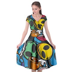 Funky Alien Pattern Abstract Colourful Drawing Cap Sleeve Wrap Front Dress by Posterlux