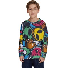 Funky Alien Pattern Abstract Colourful Drawing Kids  Crewneck Sweatshirt by Posterlux