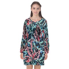 Leaves Pattern Patterns Colorful Long Sleeve Chiffon Shift Dress  by Posterlux