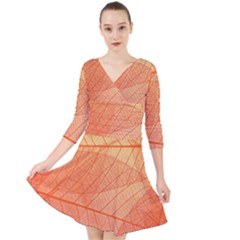 Abstract Texture Of Colorful Bright Pattern Of Transparent Leaves Of Orange And Yellow Color Quarter Sleeve Front Wrap Dress by Posterlux