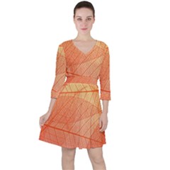 Abstract Texture Of Colorful Bright Pattern Of Transparent Leaves Of Orange And Yellow Color Quarter Sleeve Ruffle Waist Dress by Posterlux