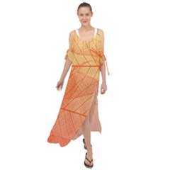 Abstract Texture Of Colorful Bright Pattern Of Transparent Leaves Of Orange And Yellow Color Maxi Chiffon Cover Up Dress by Posterlux