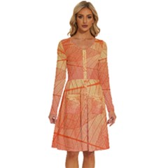 Abstract Texture Of Colorful Bright Pattern Of Transparent Leaves Of Orange And Yellow Color Long Sleeve Dress With Pocket by Posterlux