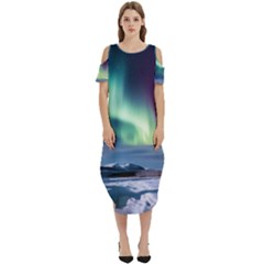 Northern Lights Aurora Night Nature Cold Shoulder Loose Fit Dress With Pockets by Posterlux