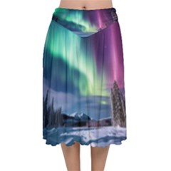 Northern Lights Aurora Night Nature Velvet Flared Midi Skirt by Posterlux