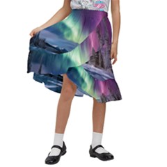 Northern Lights Aurora Night Nature Kids  Ruffle Flared Wrap Midi Skirt by Posterlux