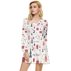 Happy Holiday Xmas Christmas Pattern Tiered Long Sleeve Mini Dress by Paksenen