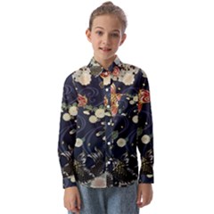 Japanese Wave Koi Illustration Pattern Kids  Long Sleeve Shirt by Ndabl3x