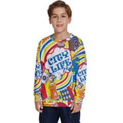 Colorful City Life Horizontal Seamless Pattern Urban City Kids  Crewneck Sweatshirt by Bedest