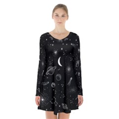 Cosmic Black Space Star Long Sleeve Velvet V-neck Dress by Ndabl3x