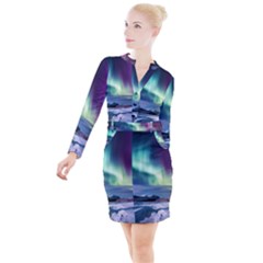 Northern Lights Aurora Night Nature Button Long Sleeve Dress by Posterlux