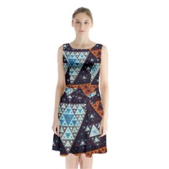 Fractal Triangle Geometric Abstract Pattern Sleeveless Waist Tie Chiffon Dress by Cemarart