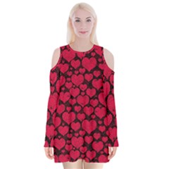 Valentines Day Hearts Pattern Love Red Velvet Long Sleeve Shoulder Cutout Dress by Maspions