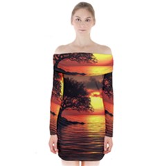 Sunset Nature Sea Dusk Landscape Long Sleeve Off Shoulder Dress by Salmanaz77