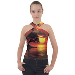 Sunset Nature Sea Dusk Landscape Cross Neck Velour Top by Salmanaz77