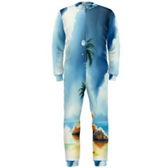 Delicate Watercolor Painting Surreal Oasis Scene With Intense Dramatic Lighting Onepiece Jumpsuit (men) by pollyparadiseartshop